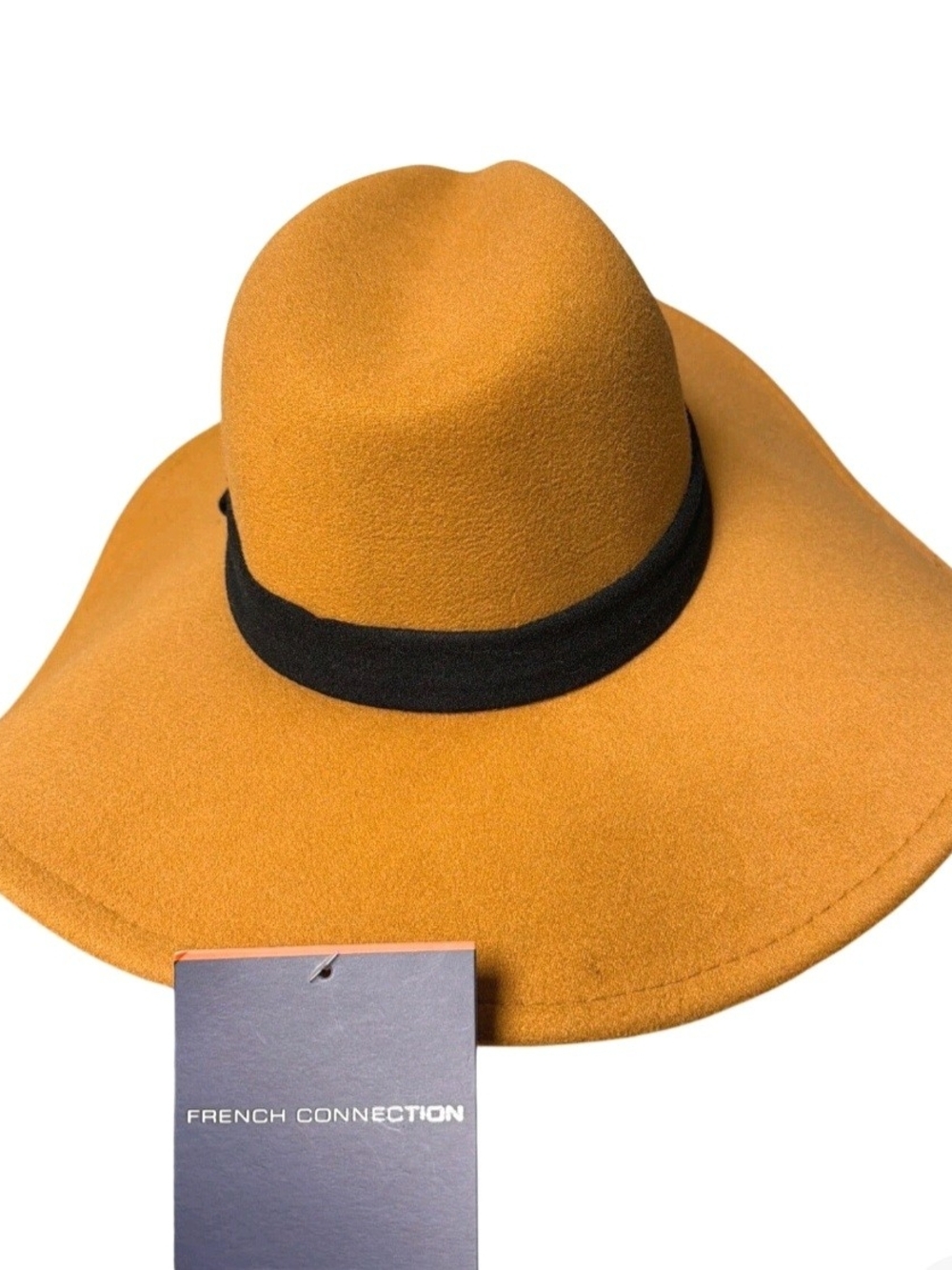 French Connection Gold Wide-Brim Wool Hat with Black Band